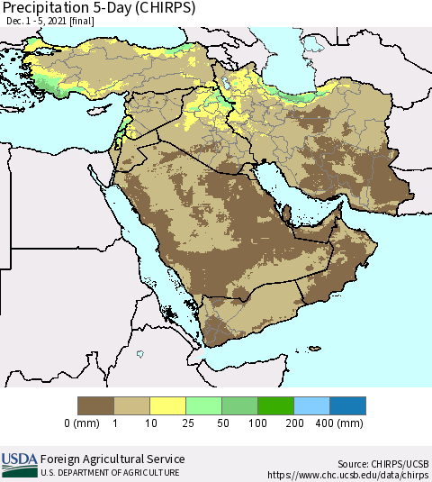 Middle East and Turkey Precipitation 5-Day (CHIRPS) Thematic Map For 12/1/2021 - 12/5/2021