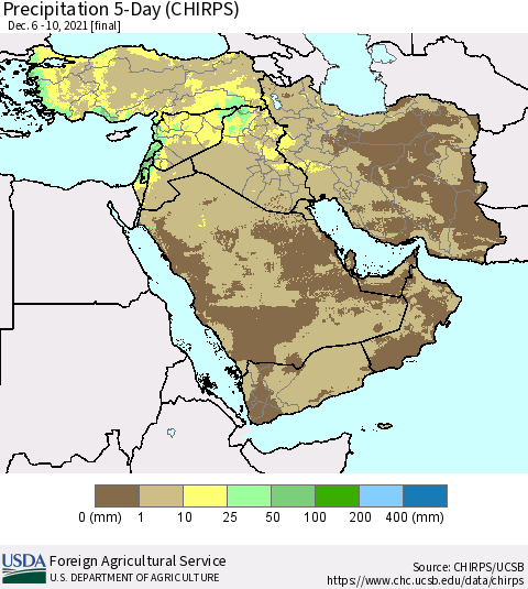 Middle East and Turkey Precipitation 5-Day (CHIRPS) Thematic Map For 12/6/2021 - 12/10/2021