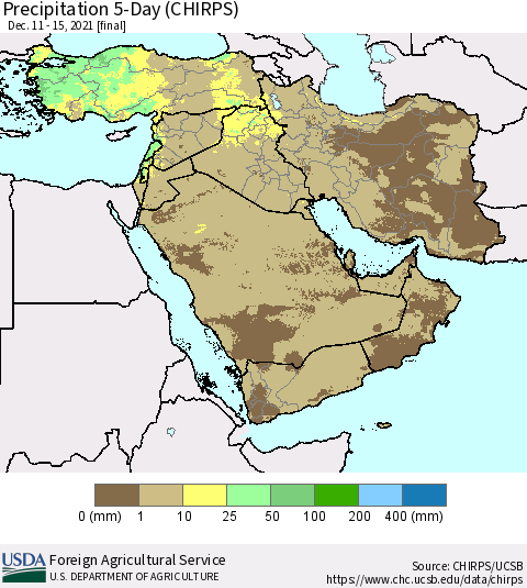 Middle East and Turkey Precipitation 5-Day (CHIRPS) Thematic Map For 12/11/2021 - 12/15/2021