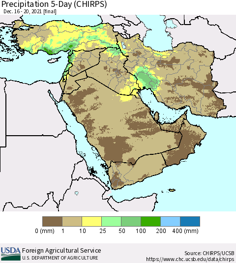 Middle East and Turkey Precipitation 5-Day (CHIRPS) Thematic Map For 12/16/2021 - 12/20/2021