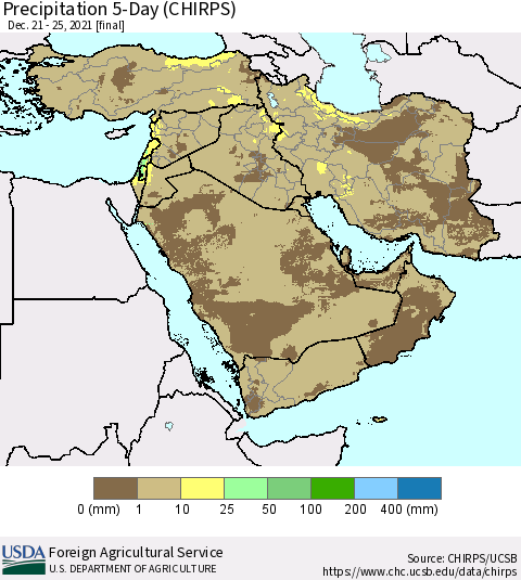 Middle East and Turkey Precipitation 5-Day (CHIRPS) Thematic Map For 12/21/2021 - 12/25/2021