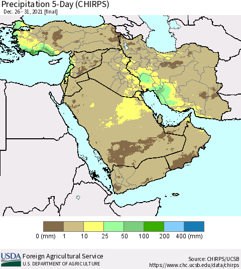 Middle East and Turkey Precipitation 5-Day (CHIRPS) Thematic Map For 12/26/2021 - 12/31/2021
