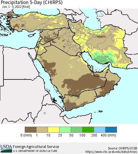 Middle East and Turkey Precipitation 5-Day (CHIRPS) Thematic Map For 1/1/2022 - 1/5/2022