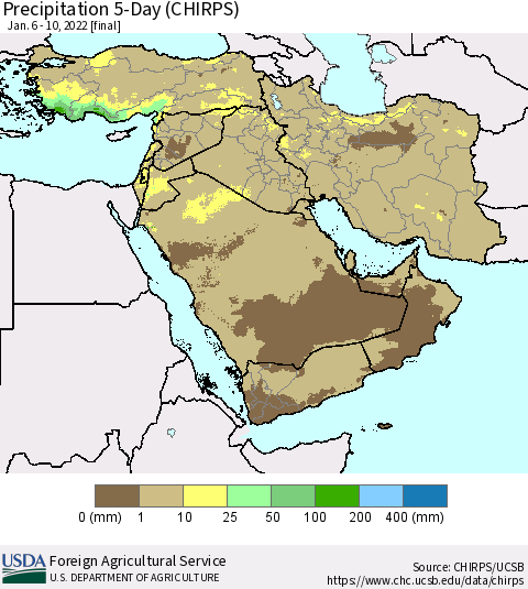 Middle East and Turkey Precipitation 5-Day (CHIRPS) Thematic Map For 1/6/2022 - 1/10/2022
