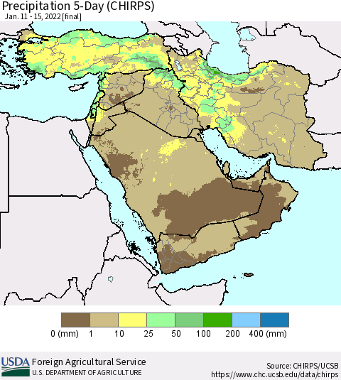 Middle East and Turkey Precipitation 5-Day (CHIRPS) Thematic Map For 1/11/2022 - 1/15/2022