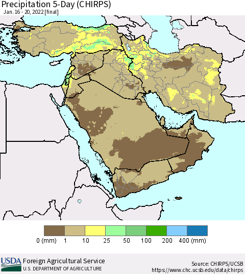 Middle East and Turkey Precipitation 5-Day (CHIRPS) Thematic Map For 1/16/2022 - 1/20/2022