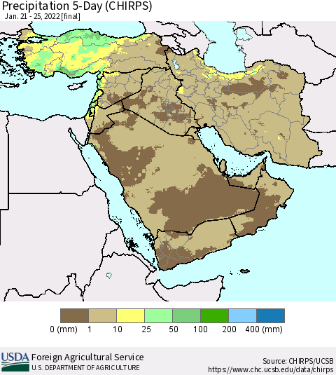 Middle East and Turkey Precipitation 5-Day (CHIRPS) Thematic Map For 1/21/2022 - 1/25/2022