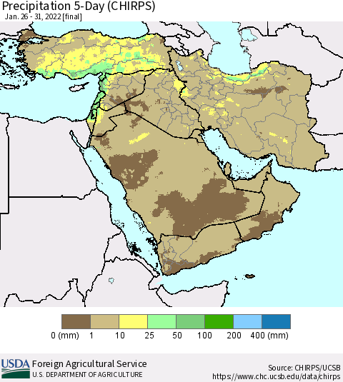 Middle East and Turkey Precipitation 5-Day (CHIRPS) Thematic Map For 1/26/2022 - 1/31/2022