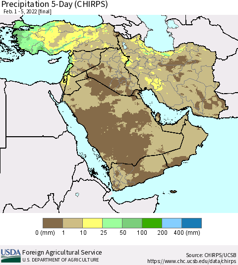 Middle East and Turkey Precipitation 5-Day (CHIRPS) Thematic Map For 2/1/2022 - 2/5/2022