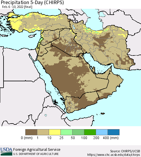 Middle East and Turkey Precipitation 5-Day (CHIRPS) Thematic Map For 2/6/2022 - 2/10/2022