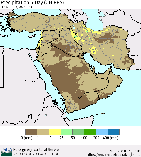 Middle East and Turkey Precipitation 5-Day (CHIRPS) Thematic Map For 2/11/2022 - 2/15/2022