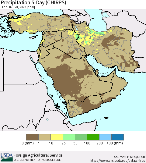Middle East and Turkey Precipitation 5-Day (CHIRPS) Thematic Map For 2/16/2022 - 2/20/2022