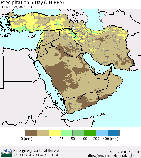 Middle East and Turkey Precipitation 5-Day (CHIRPS) Thematic Map For 2/21/2022 - 2/25/2022