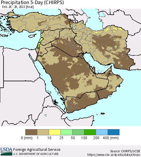 Middle East and Turkey Precipitation 5-Day (CHIRPS) Thematic Map For 2/26/2022 - 2/28/2022