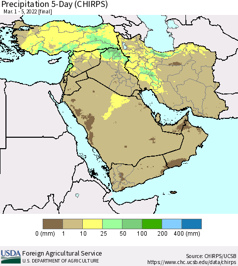 Middle East and Turkey Precipitation 5-Day (CHIRPS) Thematic Map For 3/1/2022 - 3/5/2022