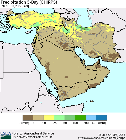 Middle East and Turkey Precipitation 5-Day (CHIRPS) Thematic Map For 3/6/2022 - 3/10/2022