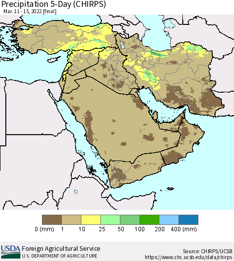 Middle East and Turkey Precipitation 5-Day (CHIRPS) Thematic Map For 3/11/2022 - 3/15/2022