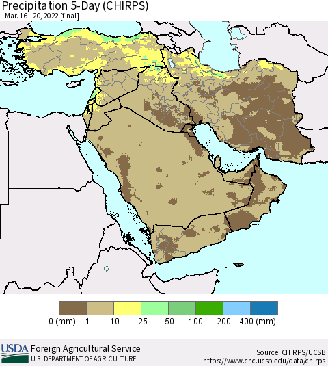 Middle East and Turkey Precipitation 5-Day (CHIRPS) Thematic Map For 3/16/2022 - 3/20/2022