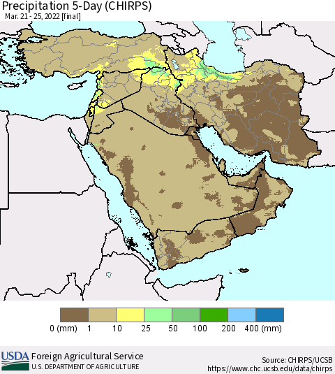 Middle East and Turkey Precipitation 5-Day (CHIRPS) Thematic Map For 3/21/2022 - 3/25/2022