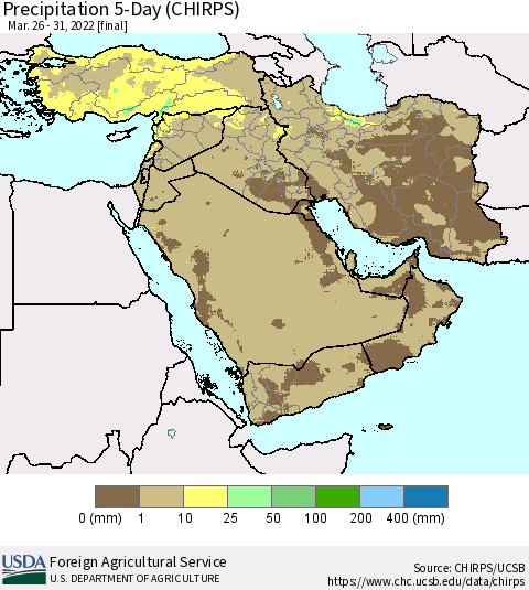 Middle East and Turkey Precipitation 5-Day (CHIRPS) Thematic Map For 3/26/2022 - 3/31/2022