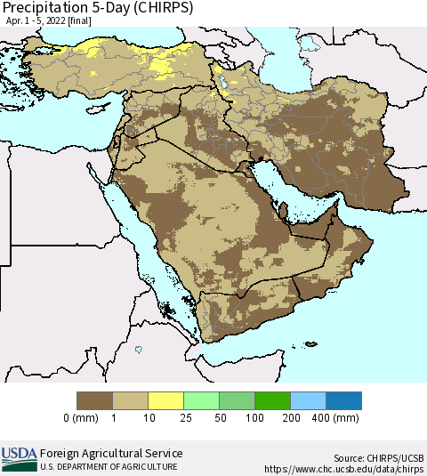 Middle East and Turkey Precipitation 5-Day (CHIRPS) Thematic Map For 4/1/2022 - 4/5/2022