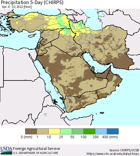 Middle East and Turkey Precipitation 5-Day (CHIRPS) Thematic Map For 4/6/2022 - 4/10/2022
