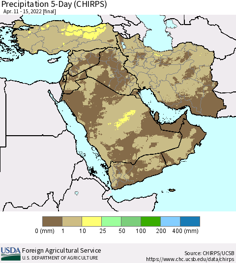 Middle East and Turkey Precipitation 5-Day (CHIRPS) Thematic Map For 4/11/2022 - 4/15/2022