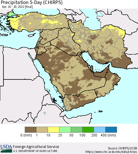 Middle East and Turkey Precipitation 5-Day (CHIRPS) Thematic Map For 4/16/2022 - 4/20/2022