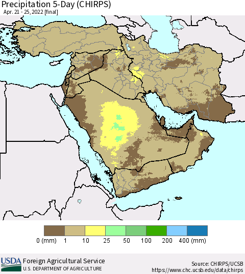 Middle East and Turkey Precipitation 5-Day (CHIRPS) Thematic Map For 4/21/2022 - 4/25/2022