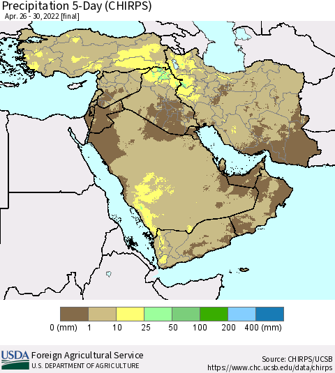 Middle East and Turkey Precipitation 5-Day (CHIRPS) Thematic Map For 4/26/2022 - 4/30/2022