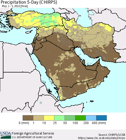 Middle East and Turkey Precipitation 5-Day (CHIRPS) Thematic Map For 5/1/2022 - 5/5/2022