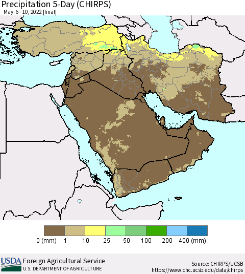 Middle East and Turkey Precipitation 5-Day (CHIRPS) Thematic Map For 5/6/2022 - 5/10/2022