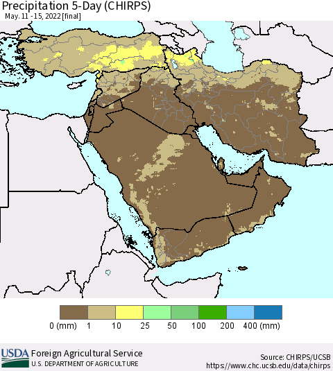 Middle East and Turkey Precipitation 5-Day (CHIRPS) Thematic Map For 5/11/2022 - 5/15/2022