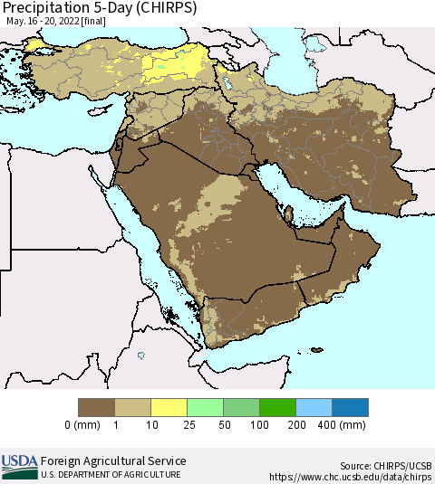 Middle East and Turkey Precipitation 5-Day (CHIRPS) Thematic Map For 5/16/2022 - 5/20/2022
