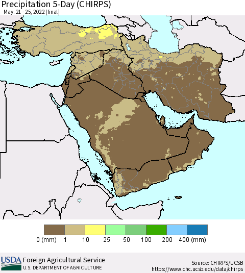 Middle East and Turkey Precipitation 5-Day (CHIRPS) Thematic Map For 5/21/2022 - 5/25/2022