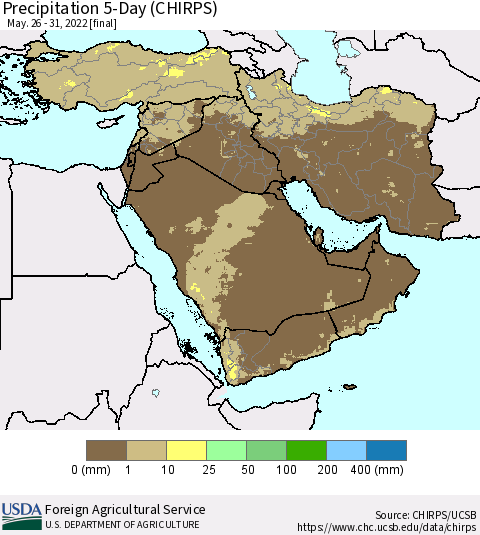 Middle East and Turkey Precipitation 5-Day (CHIRPS) Thematic Map For 5/26/2022 - 5/31/2022