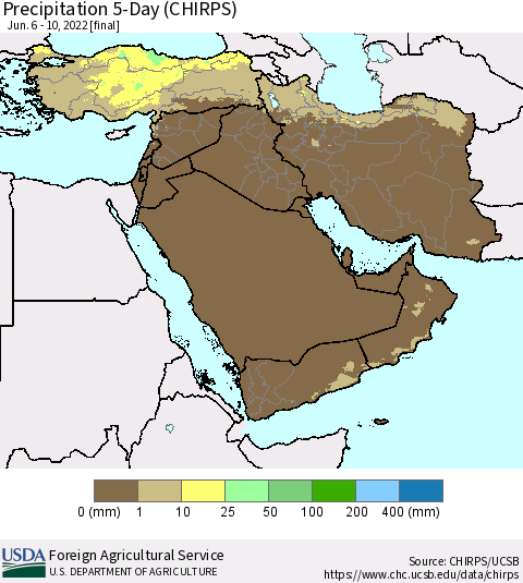 Middle East and Turkey Precipitation 5-Day (CHIRPS) Thematic Map For 6/6/2022 - 6/10/2022
