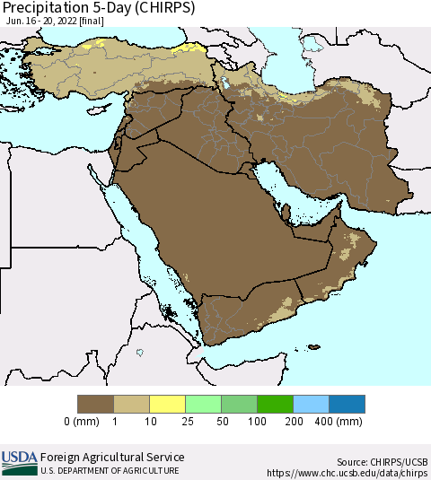 Middle East and Turkey Precipitation 5-Day (CHIRPS) Thematic Map For 6/16/2022 - 6/20/2022