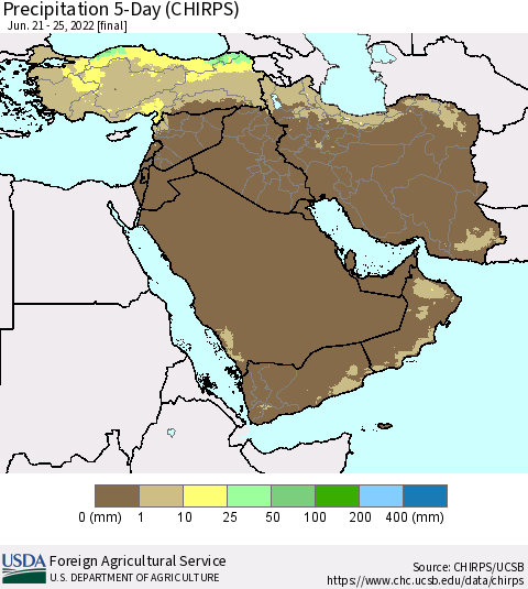 Middle East and Turkey Precipitation 5-Day (CHIRPS) Thematic Map For 6/21/2022 - 6/25/2022