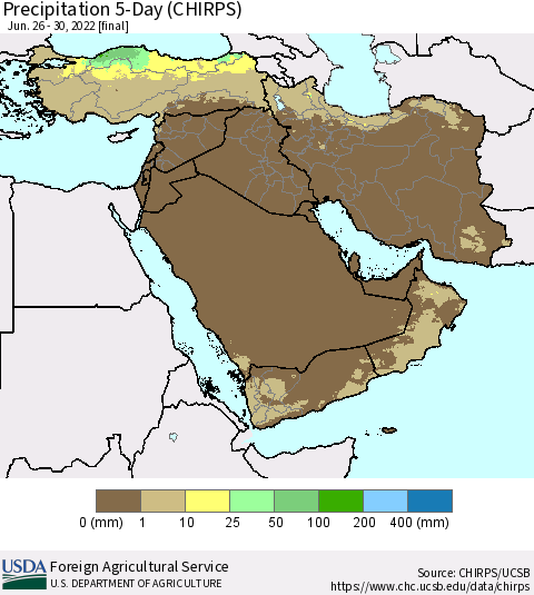 Middle East and Turkey Precipitation 5-Day (CHIRPS) Thematic Map For 6/26/2022 - 6/30/2022
