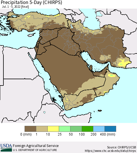 Middle East and Turkey Precipitation 5-Day (CHIRPS) Thematic Map For 7/1/2022 - 7/5/2022