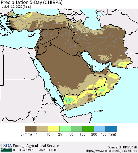 Middle East and Turkey Precipitation 5-Day (CHIRPS) Thematic Map For 7/6/2022 - 7/10/2022