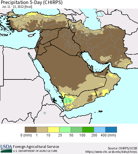 Middle East and Turkey Precipitation 5-Day (CHIRPS) Thematic Map For 7/11/2022 - 7/15/2022