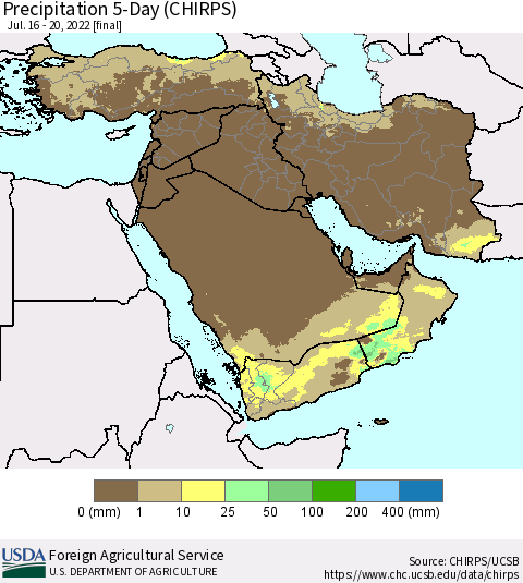 Middle East and Turkey Precipitation 5-Day (CHIRPS) Thematic Map For 7/16/2022 - 7/20/2022
