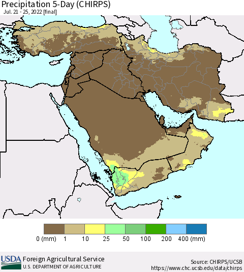 Middle East and Turkey Precipitation 5-Day (CHIRPS) Thematic Map For 7/21/2022 - 7/25/2022