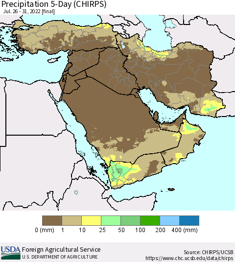 Middle East and Turkey Precipitation 5-Day (CHIRPS) Thematic Map For 7/26/2022 - 7/31/2022