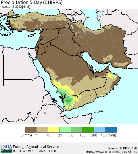 Middle East and Turkey Precipitation 5-Day (CHIRPS) Thematic Map For 8/1/2022 - 8/5/2022