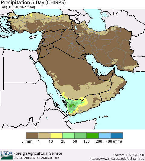Middle East and Turkey Precipitation 5-Day (CHIRPS) Thematic Map For 8/16/2022 - 8/20/2022