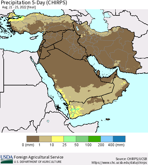 Middle East and Turkey Precipitation 5-Day (CHIRPS) Thematic Map For 8/21/2022 - 8/25/2022