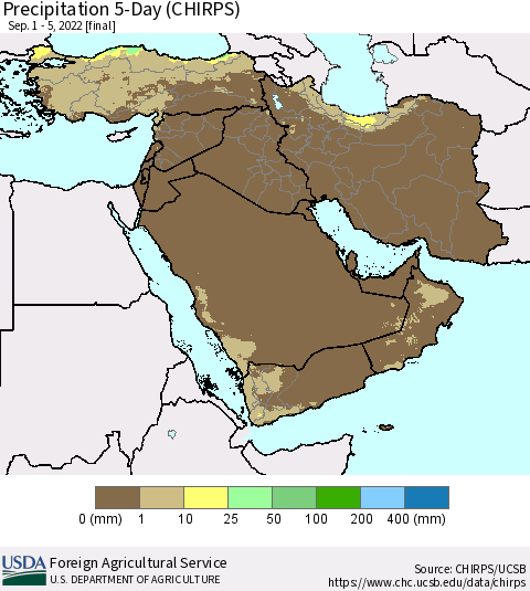 Middle East and Turkey Precipitation 5-Day (CHIRPS) Thematic Map For 9/1/2022 - 9/5/2022